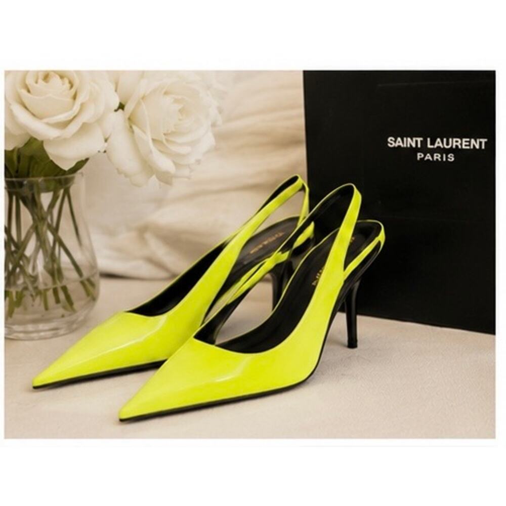 Saint Laurent Paloma Slingback Pumps Neon Yellow Patent Leather EU39 NIB - Picture 4 of 12